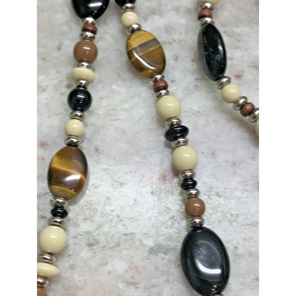 CHAPS SIGNED OVAL TIGER'S EYE ONYX BEAD NECKLACE SILVER BUTTON CLASP R1 - Picture 3 of 7